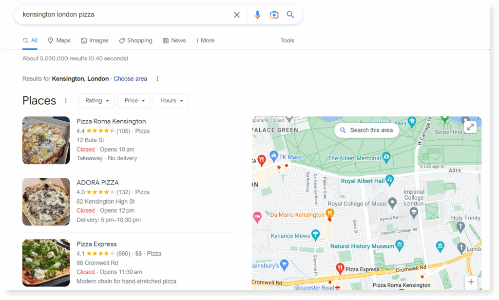 Google map pack results for queries "kensington london pizza"