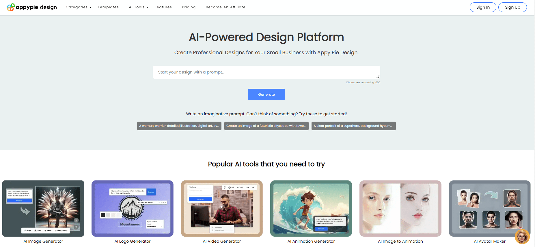 A screenshot of Appy Pie main page