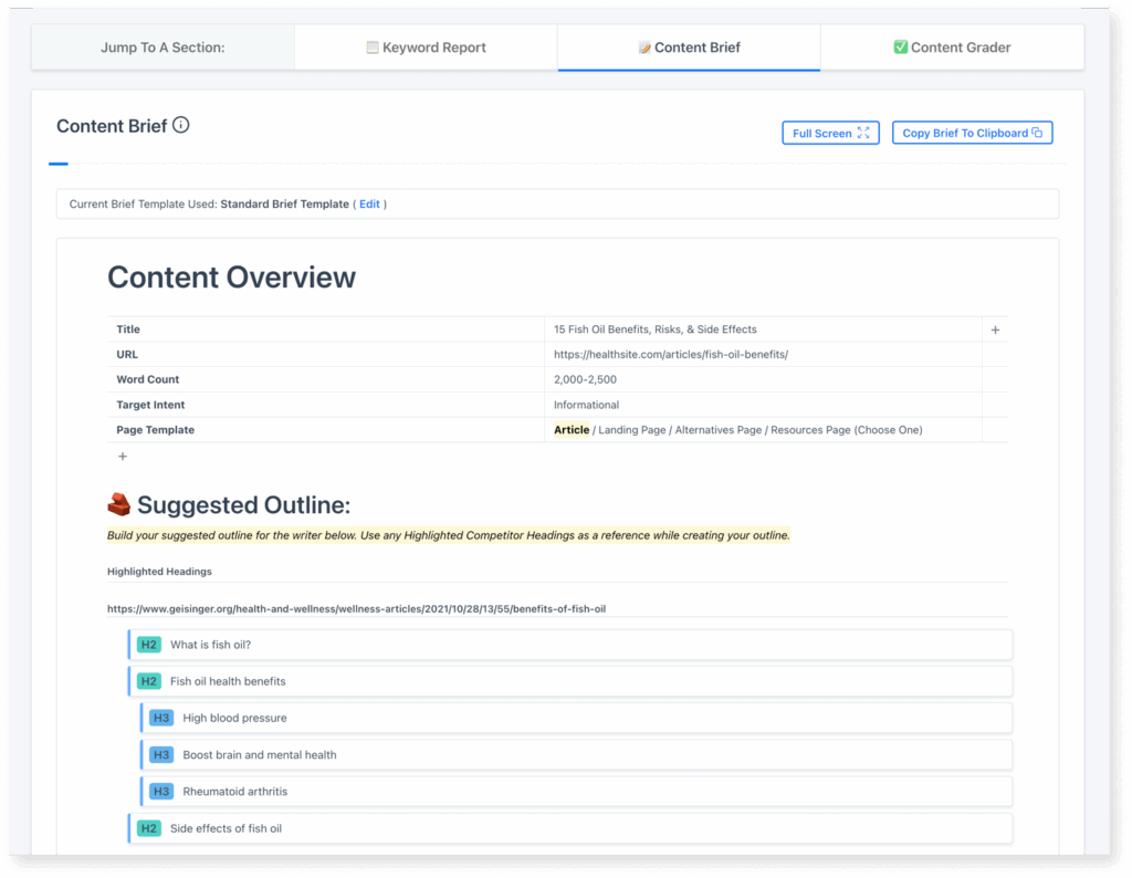 A screenshot of content brief sample in Content Harmony