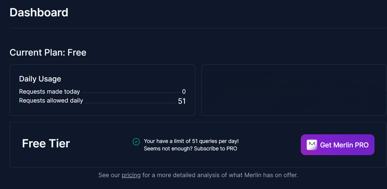 A screenshot of Merlin tool dashboard