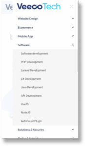 A screenshot of VeecoTech mega menu in mobile view