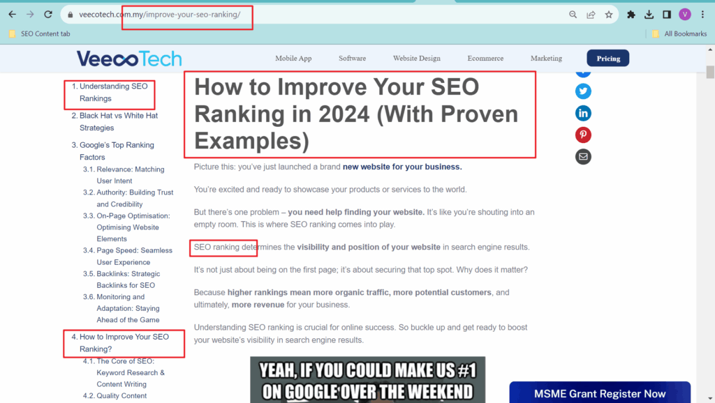 A screenshot of placement of 'seo ranking' keyword