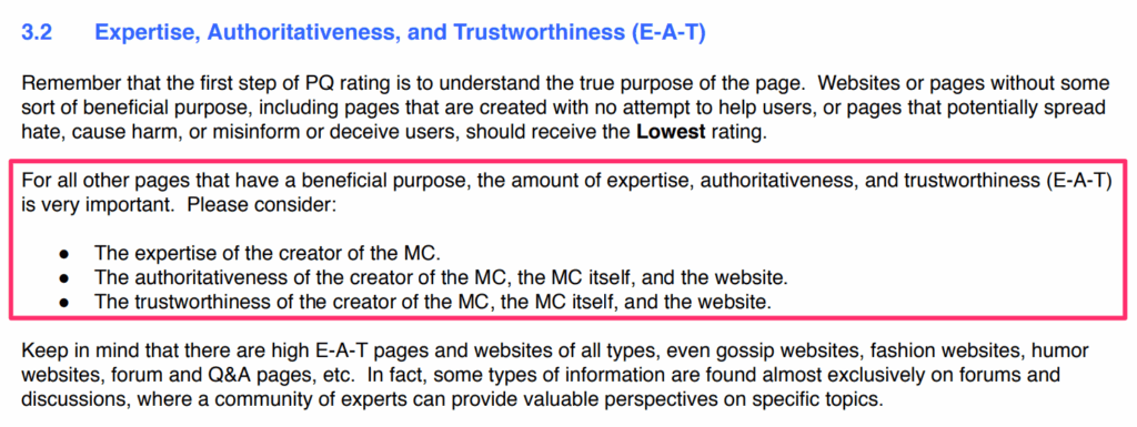 A screenshot of EAT ranking factor