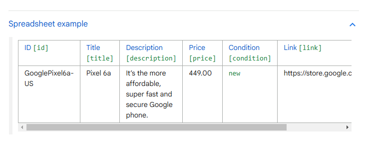 A sample of file format of product listing in Google Merchant Center
