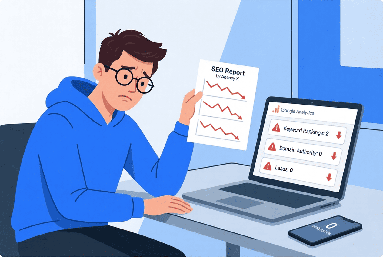 A business owner with sad face looking at SEO report because of poor SEO results